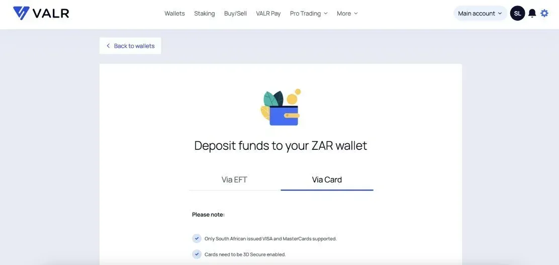 deposit zar to buy eth with card