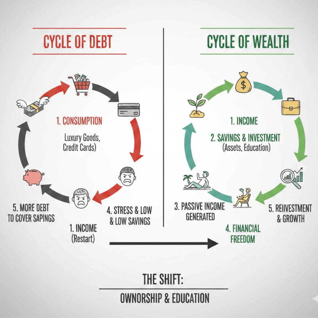 Infographic comparing how the wealthy build assets while poor people build debt.