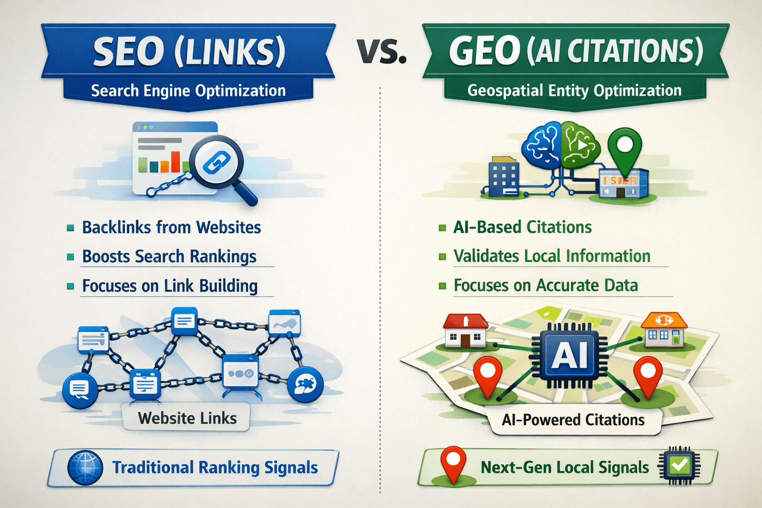 Diagram comparing GEO vs SEO South Africa marketing strategies.