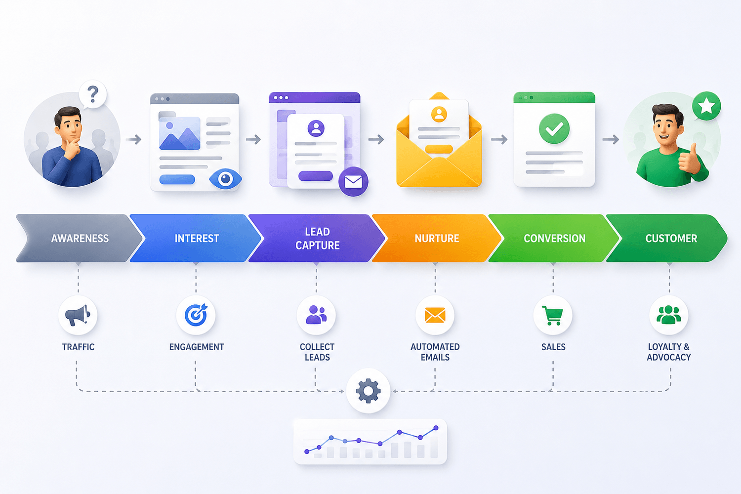 Step-by-step visual diagram of an automated digital marketing system pipeline.
