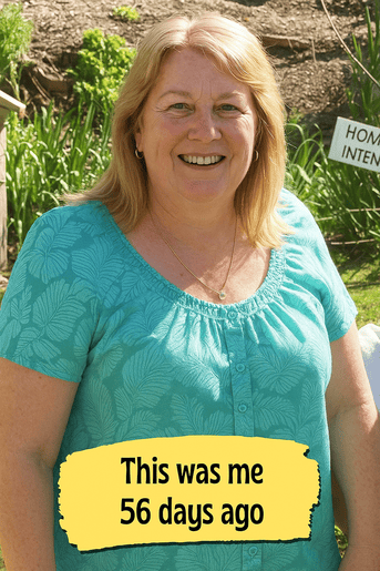 Smiling middle‑aged woman standing outdoors in a garden, wearing a teal patterned blouse, with a yellow banner at the bottom that reads “This was me 56 days ago”.