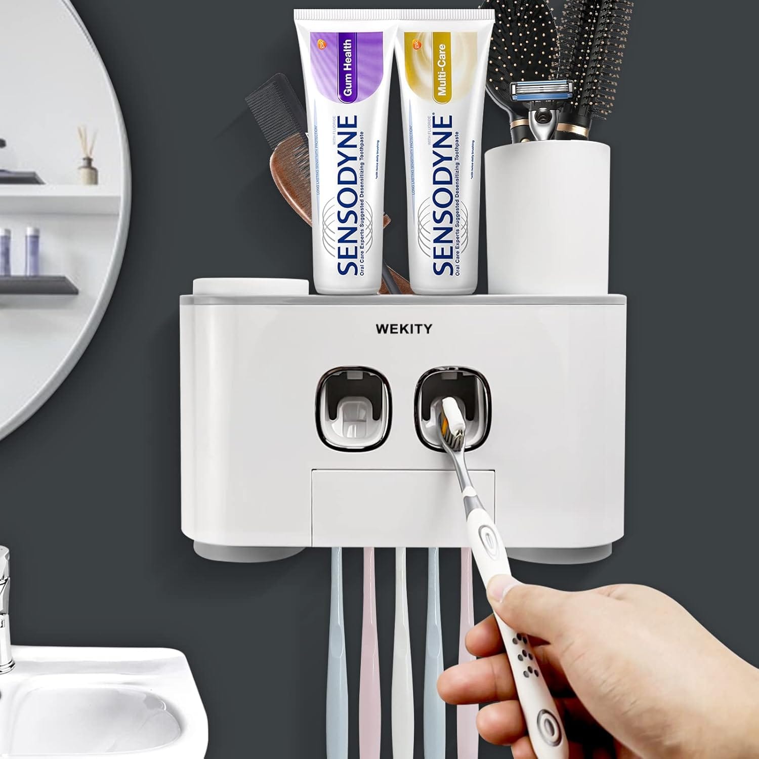 Porte-brosses à dents mural avec distributeur de dentifrice multifonctionnel pour salle de bains
