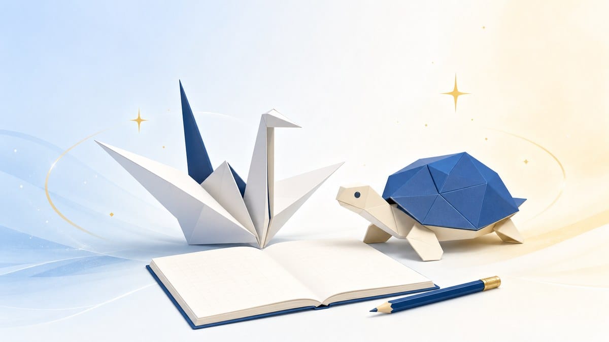 折り紙の鶴と亀、学習ノートを描いたつるかめ算のイラスト