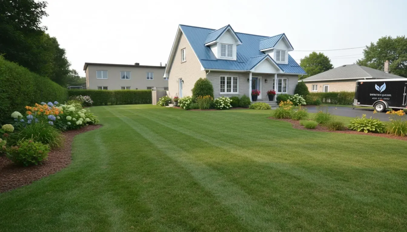 Residential and commercial outdoor maintenance on Montreal’s North Shore, featuring well-maintained lawns and clean landscaping.