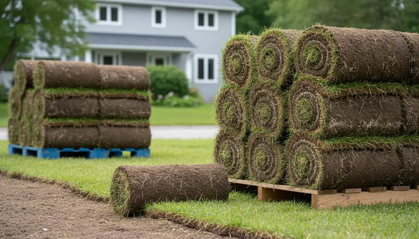 Rouleaux de tourbe naturelle prêts pour installation résidentielle à Saint-Eustache sur la Rive-Nord de Montréal.