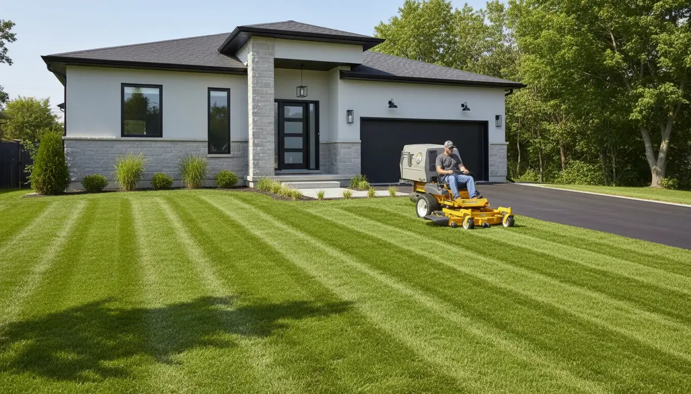 Professional lawn mowing at a home in Saint-Eustache, featuring clean mowing lines and a dense, healthy lawn on Montreal’s North Shore.