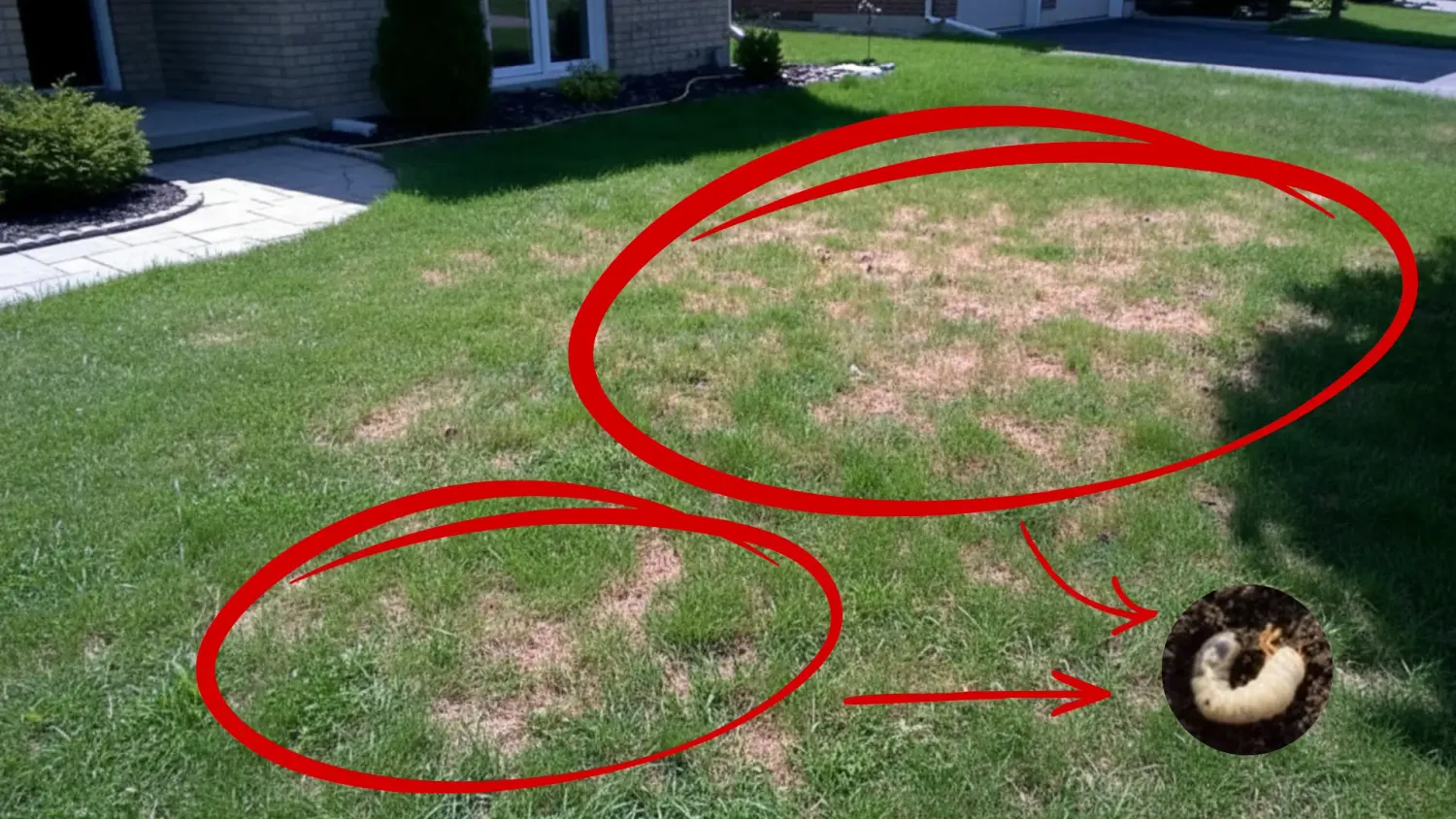 Dommages causés par des vers blancs sur une pelouse résidentielle au Québec avec plaques brunâtres irrégulières