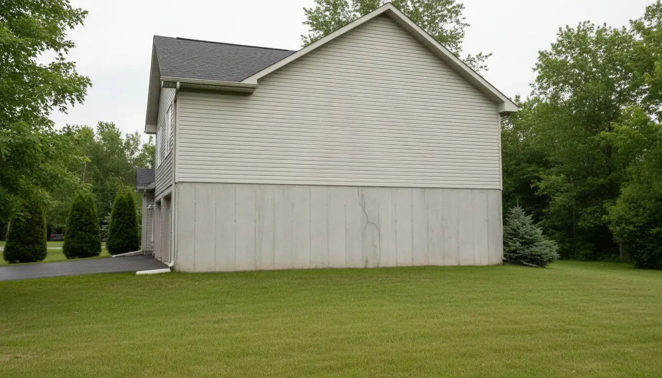 Poured concrete foundation of a residential home in Quebec with approximately 15 feet of lawn around the property