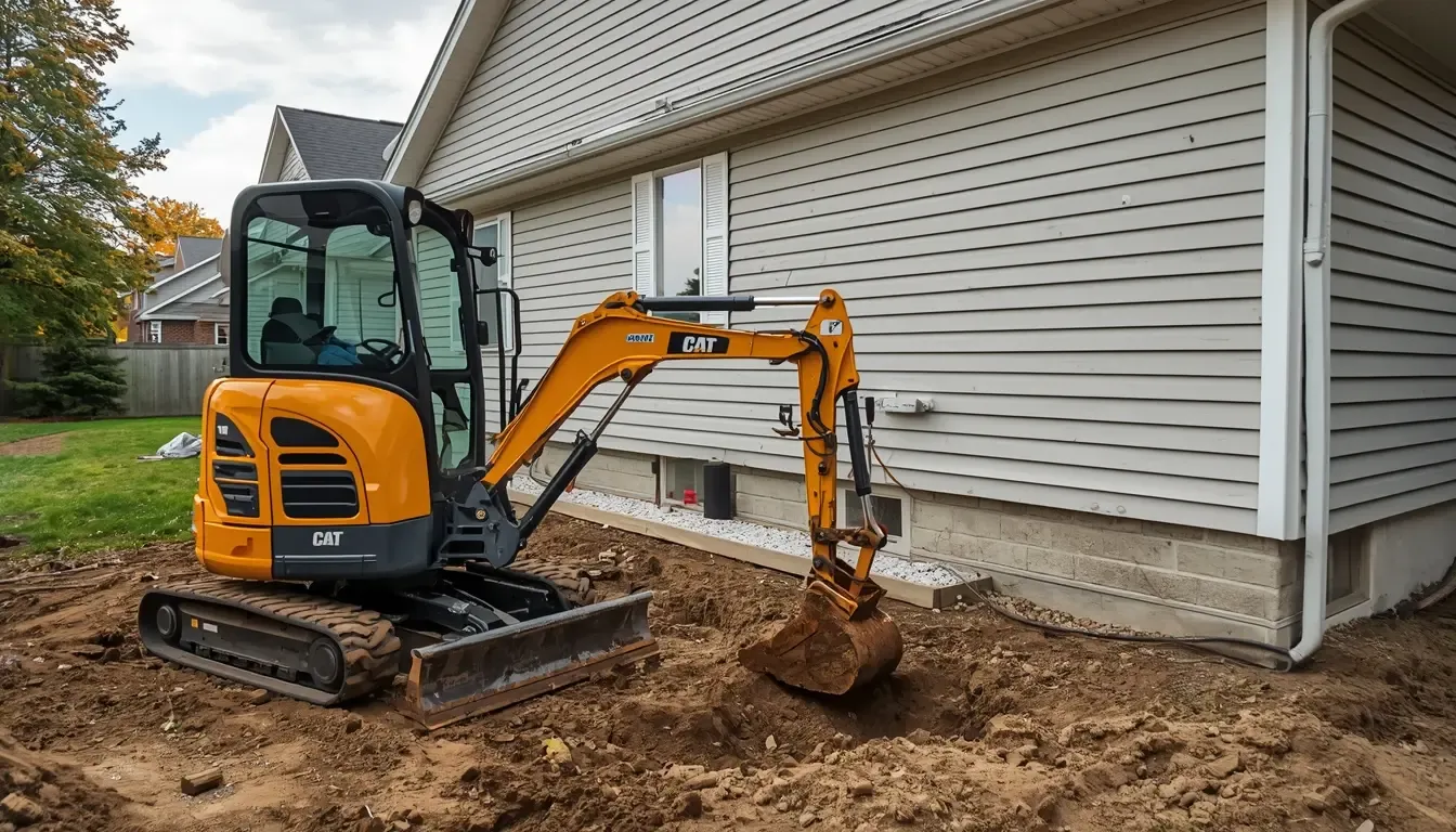 Mini excavatrice effectuant des travaux d’excavation résidentielle légère près d’une fondation sur la Rive-Nord de Montréal