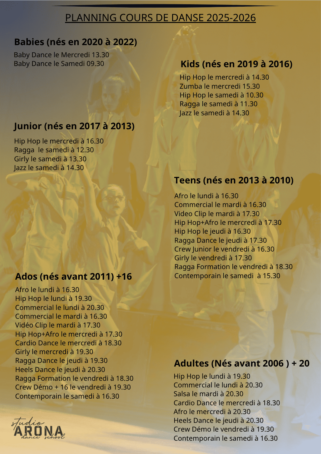 Horaire pour la saison de danse 2023-2024 chez Studio Arona