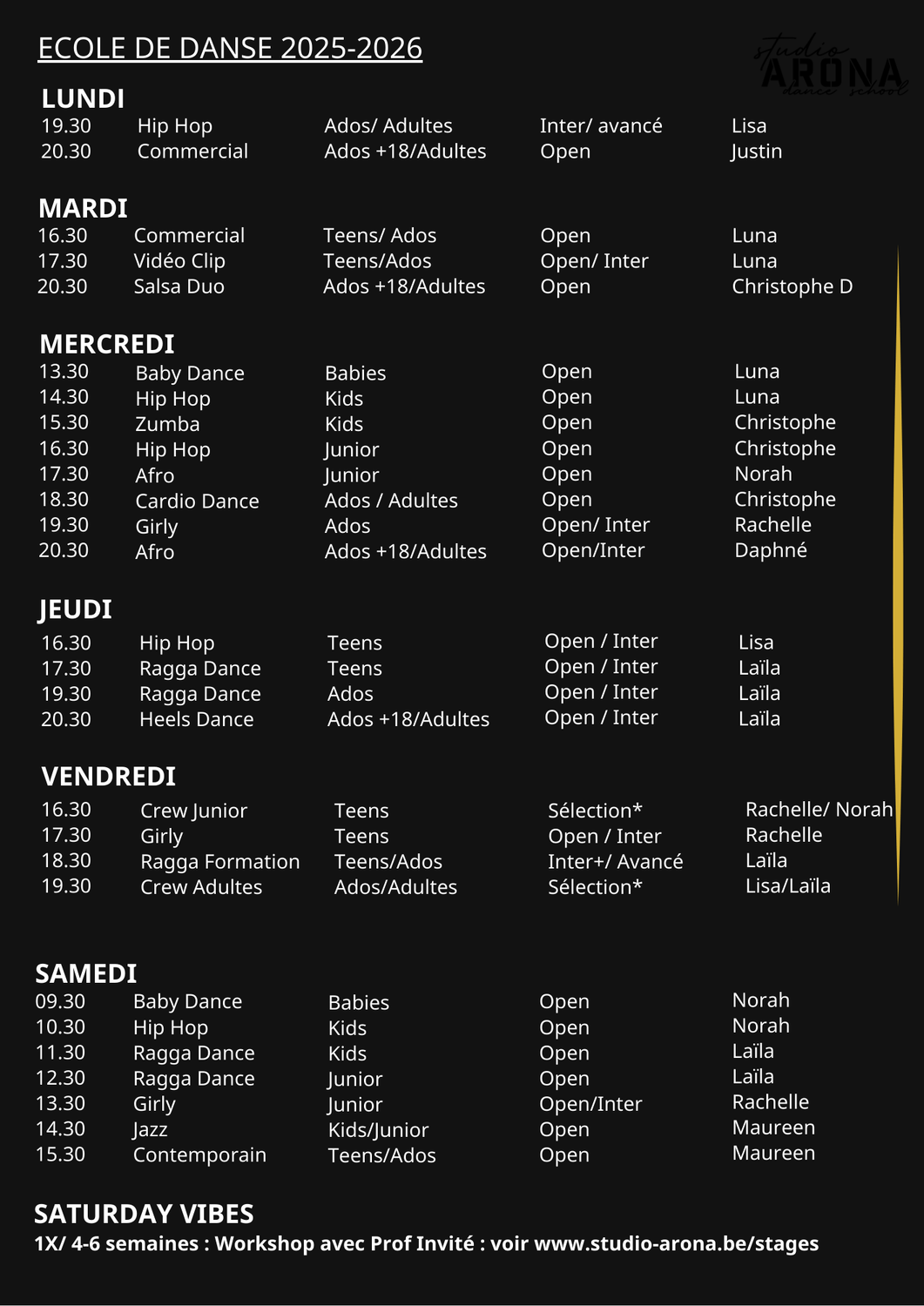 Horaire pour la saison de danse 2023-2024 chez Studio Arona