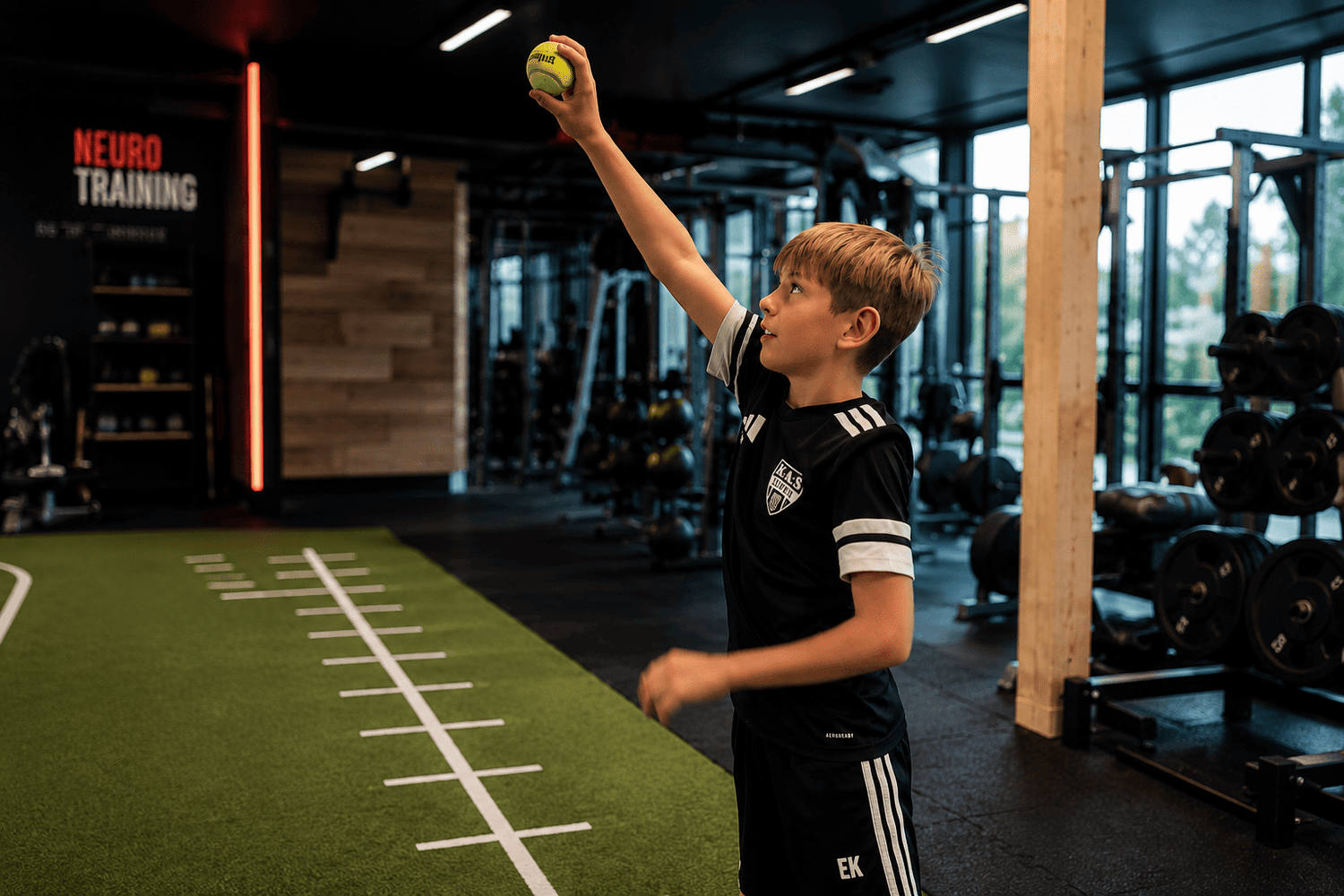 Jeune sportif en exercice de neuro training avec ballon Bonjour Coach