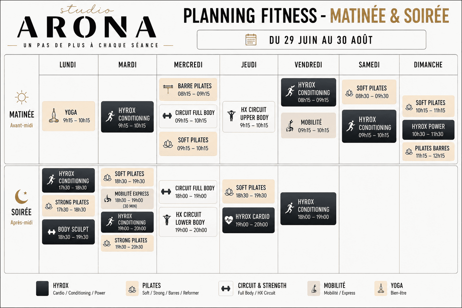 Planning fitness Hyrox Pilates été Studio Arona à Huy