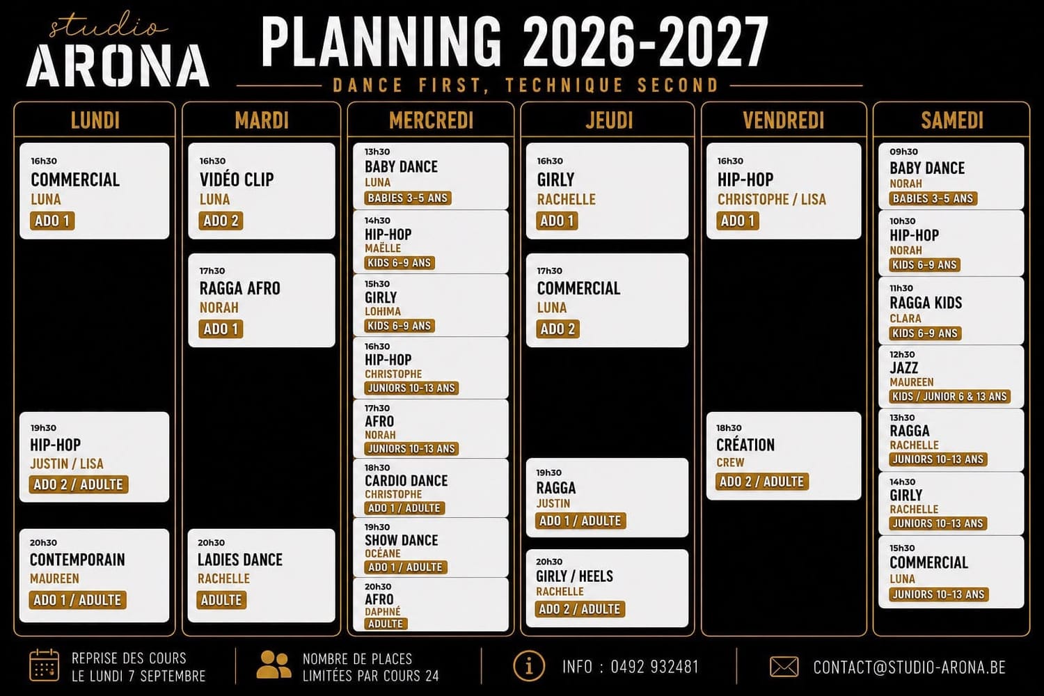 Planning saison danse Studio Arona à Huy