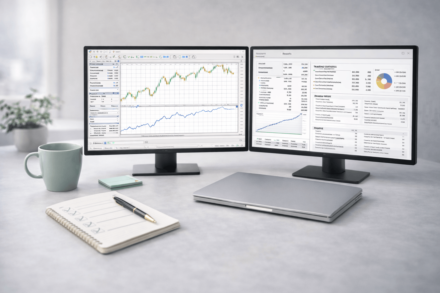 MT5 strategy tester backtest with performance report (research and execution workflow)
