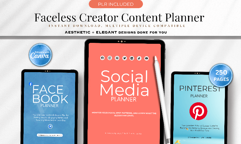 Faceless Creator Social Media Planner Bundle | 250 Page PLR Kit | Editable in Canva