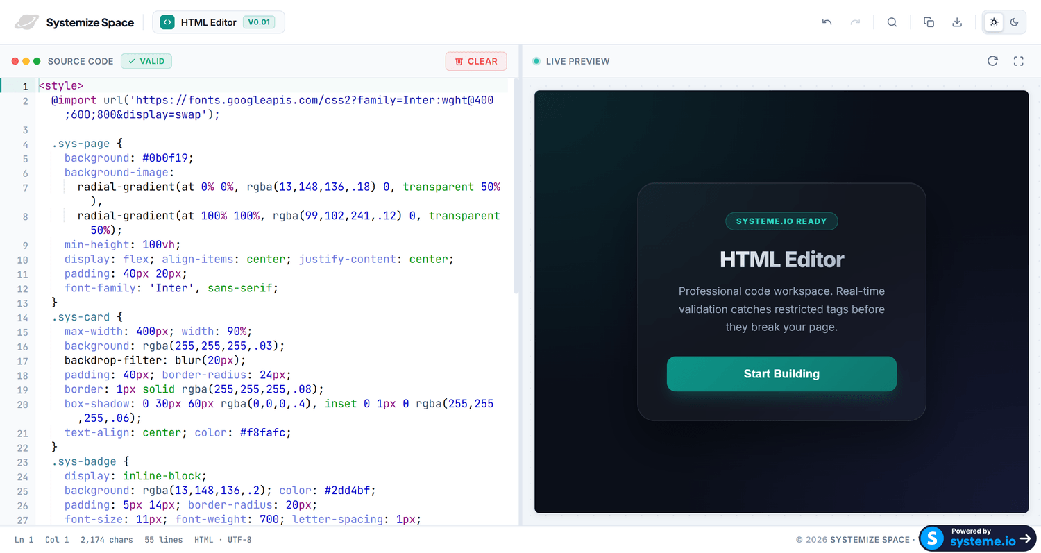 Systemize Space HTML Editor live preview for Systeme.io AI code testing