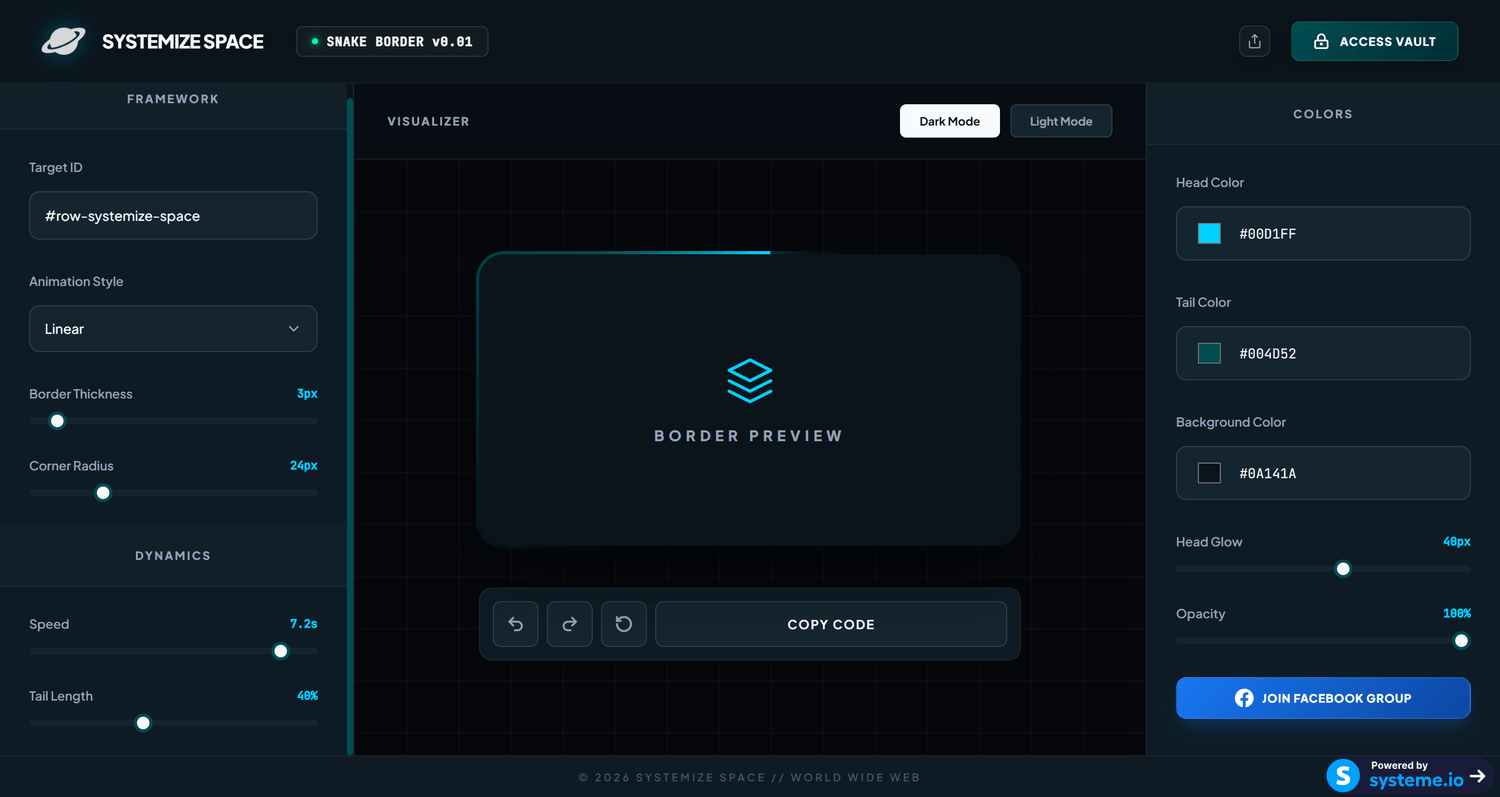 Snake Border Tool interface inside Systeme.io page builder