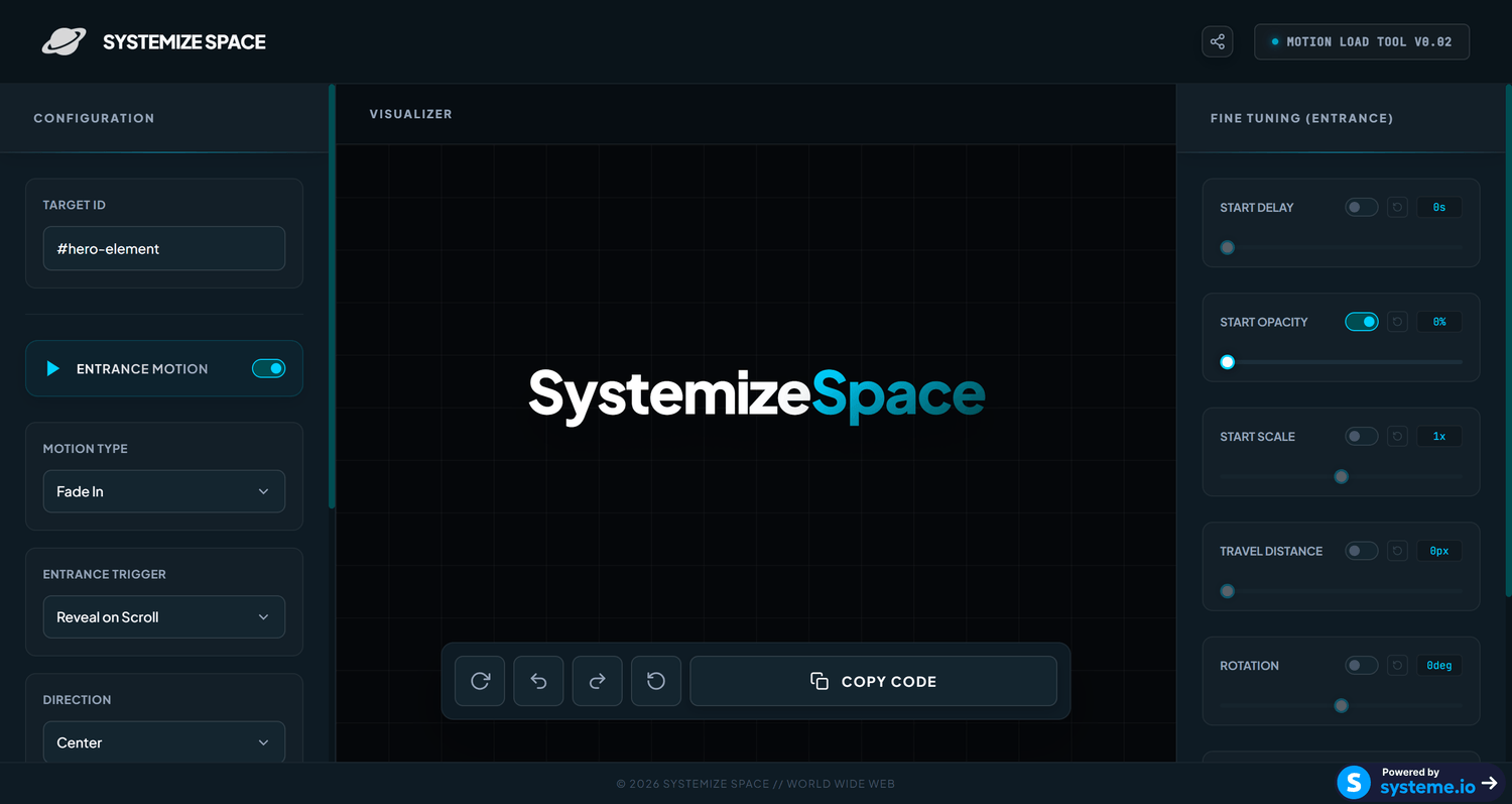 Motion Load Tool interface showing motion type options for Systeme.io elements