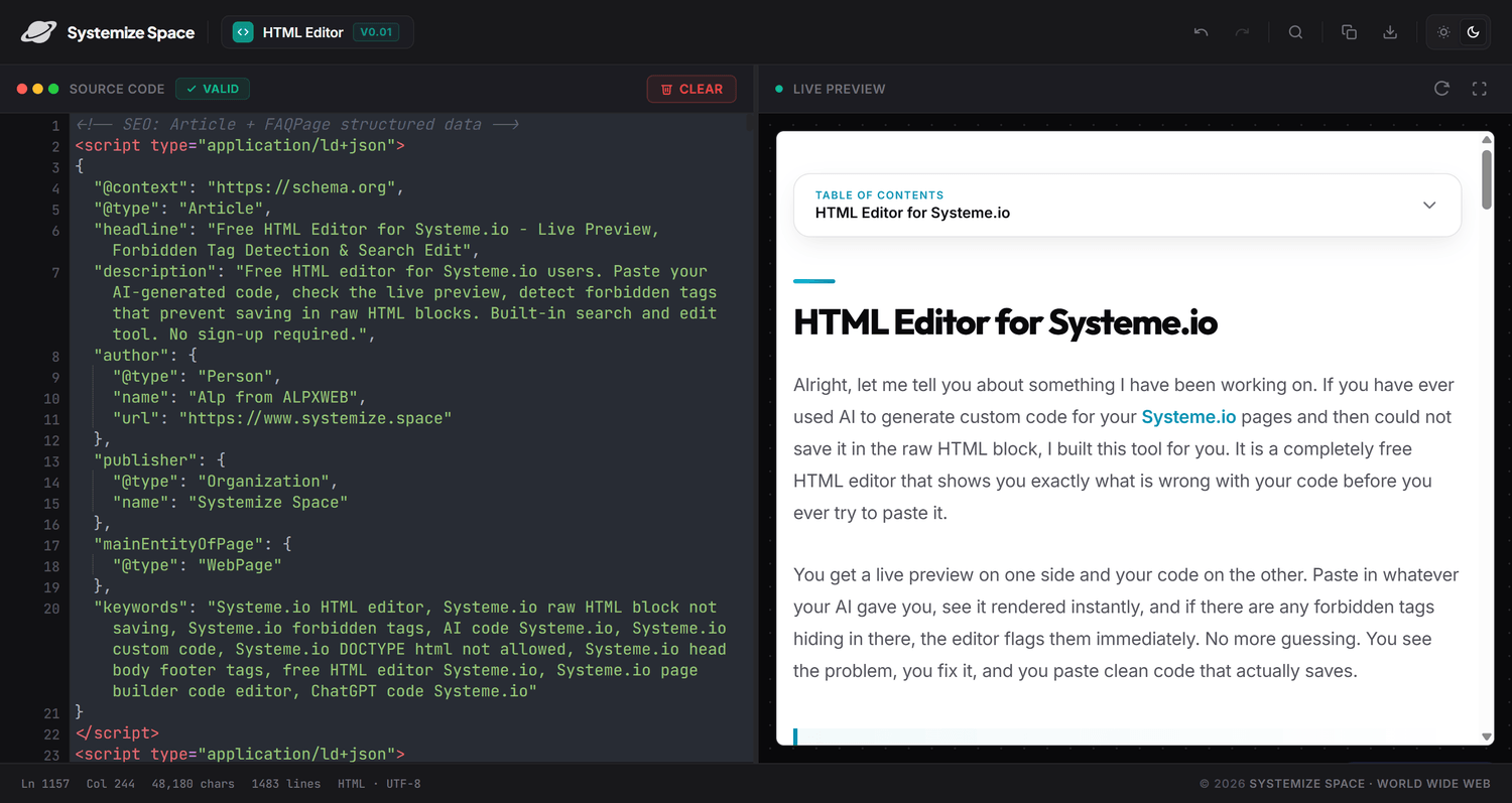 HTML Editor for Systeme.io showing live preview and forbidden tag detection