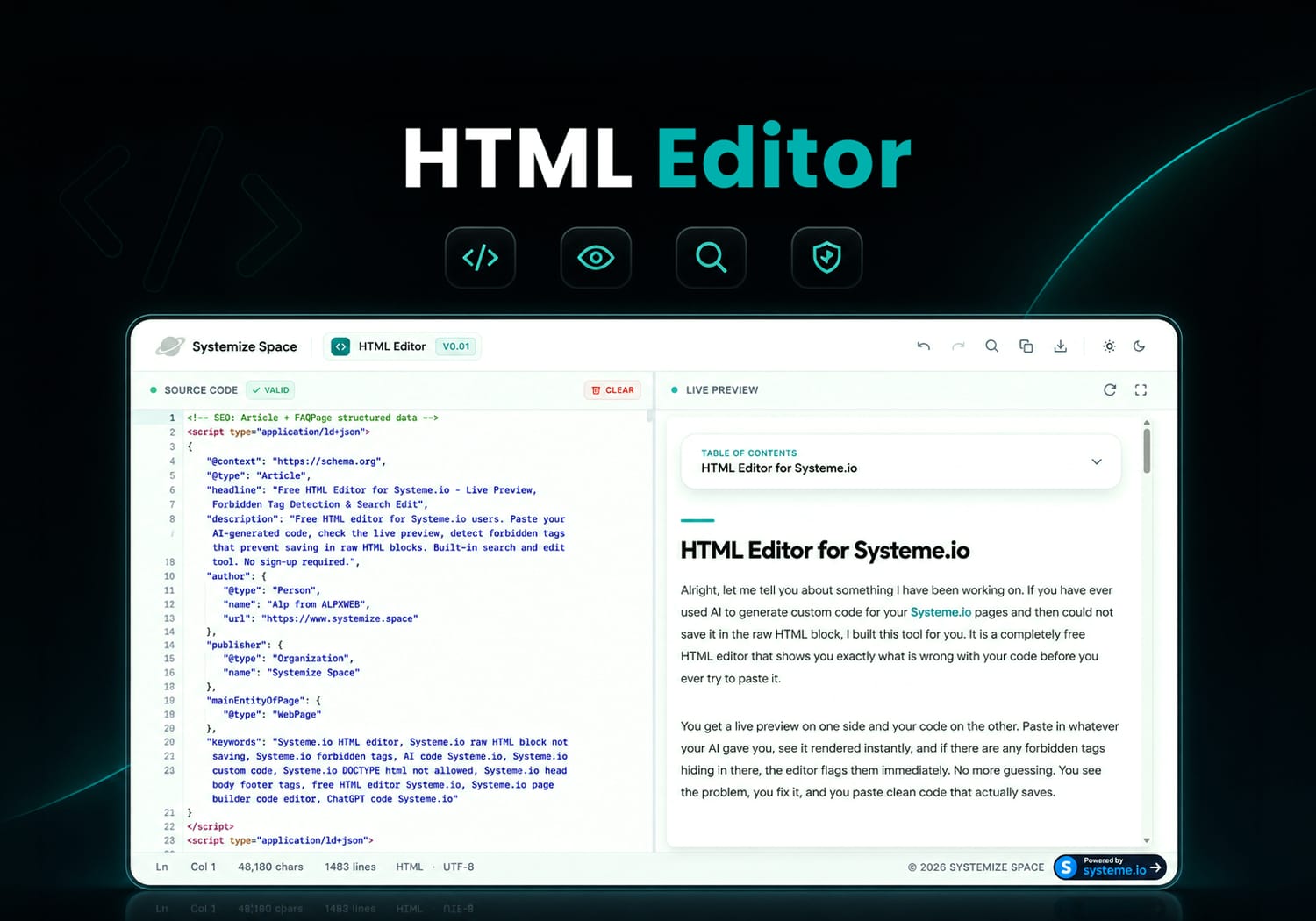 HTML Editor for Systeme.io with Live Preview and Edit