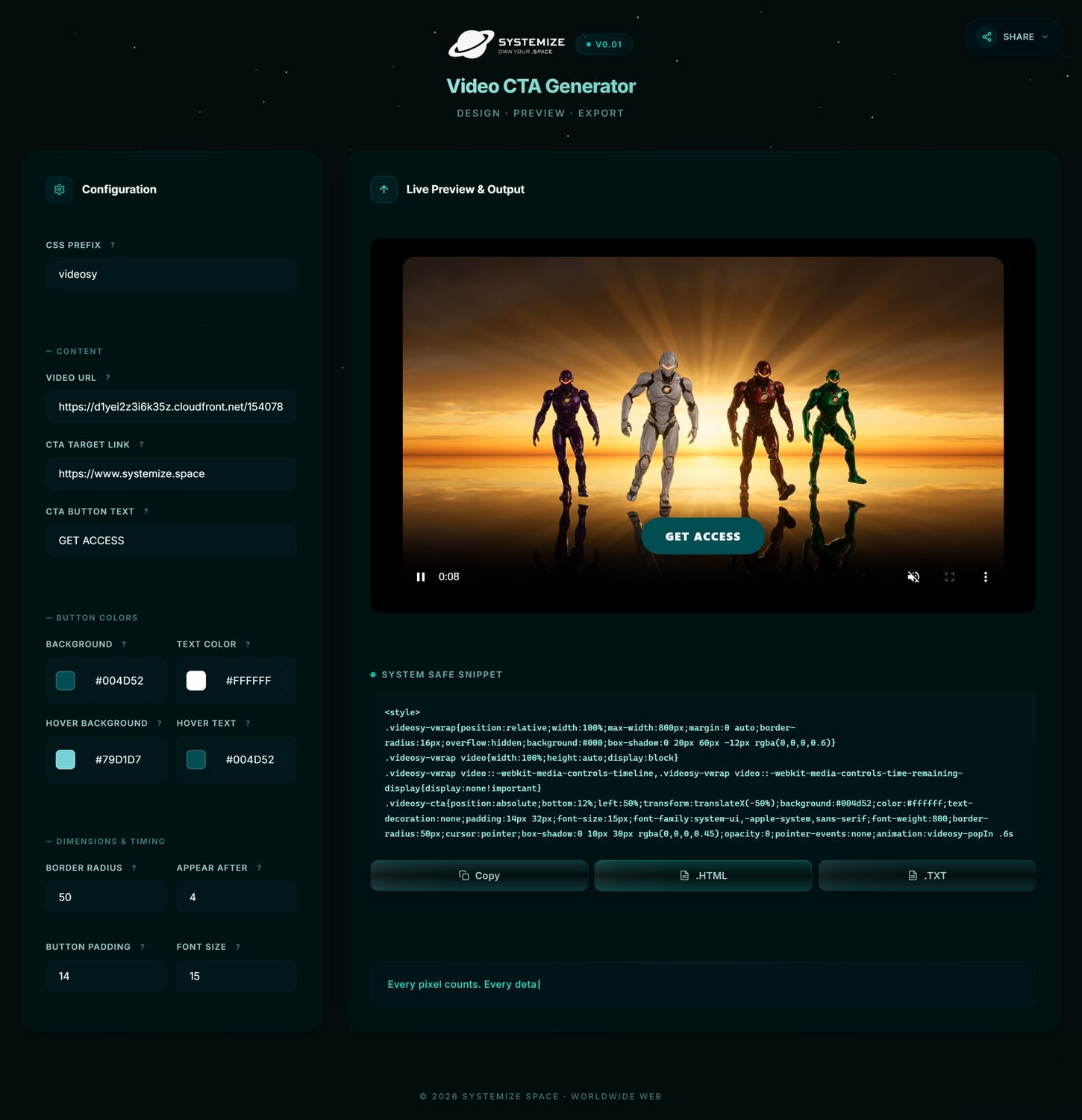 Video CTA Generator tool interface showing the input fields, live video preview with CTA button overlay, and color customization options