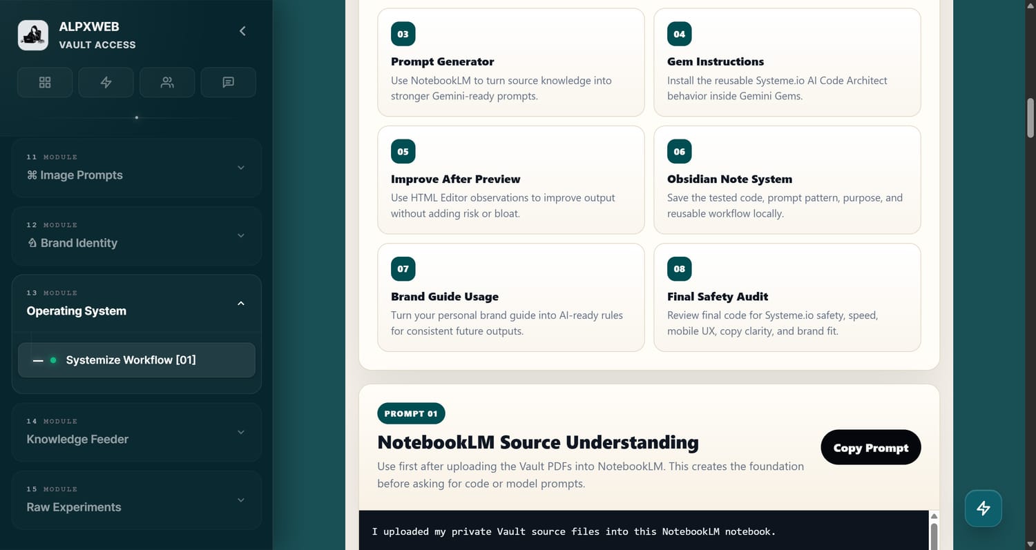 Vault Prompt 01 for NotebookLM source understanding in the Systeme.io AI workflow