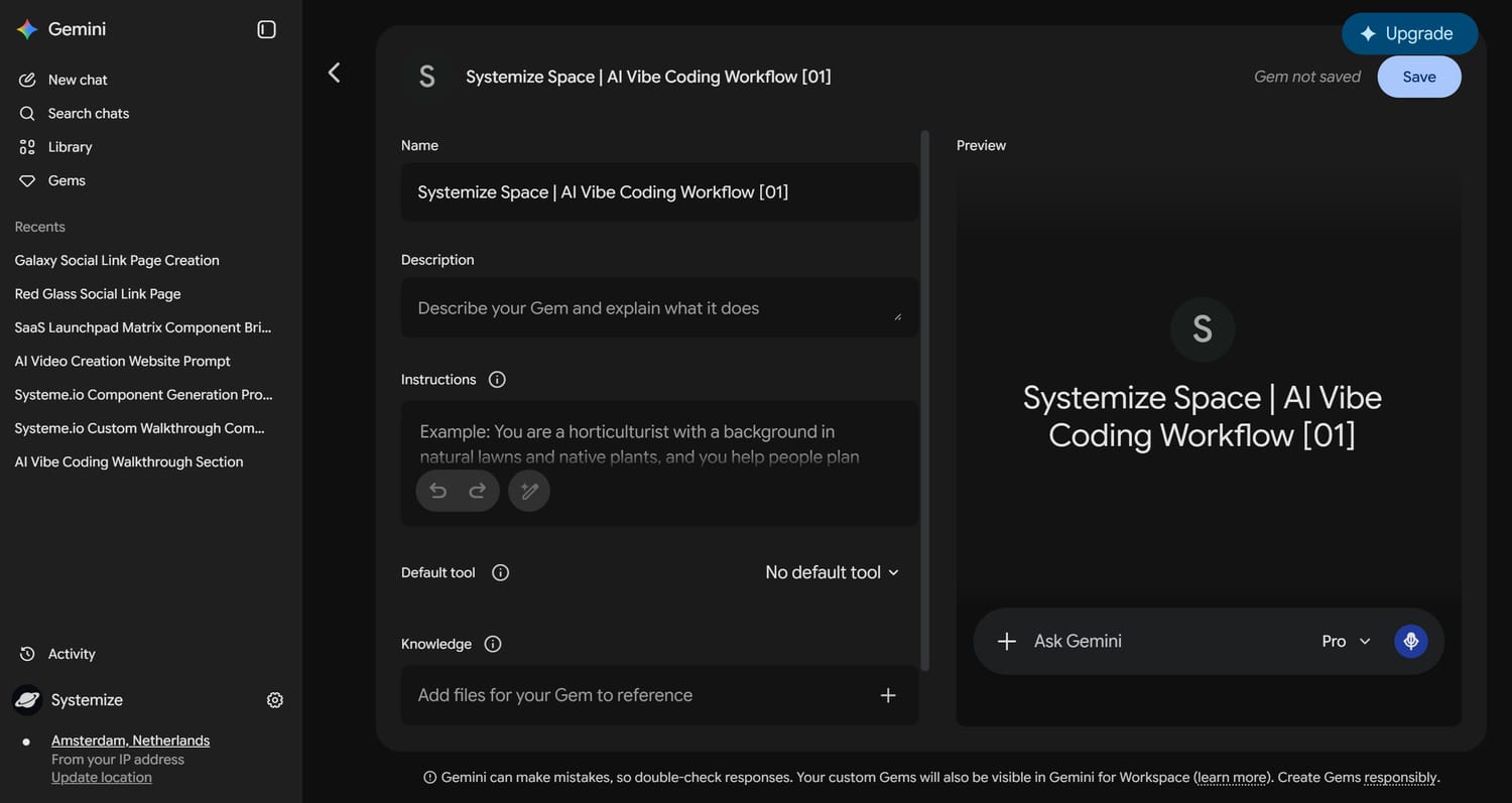 Gemini Gem private Systeme.io AI Code Engine connected to Systemize Space Vault knowledge