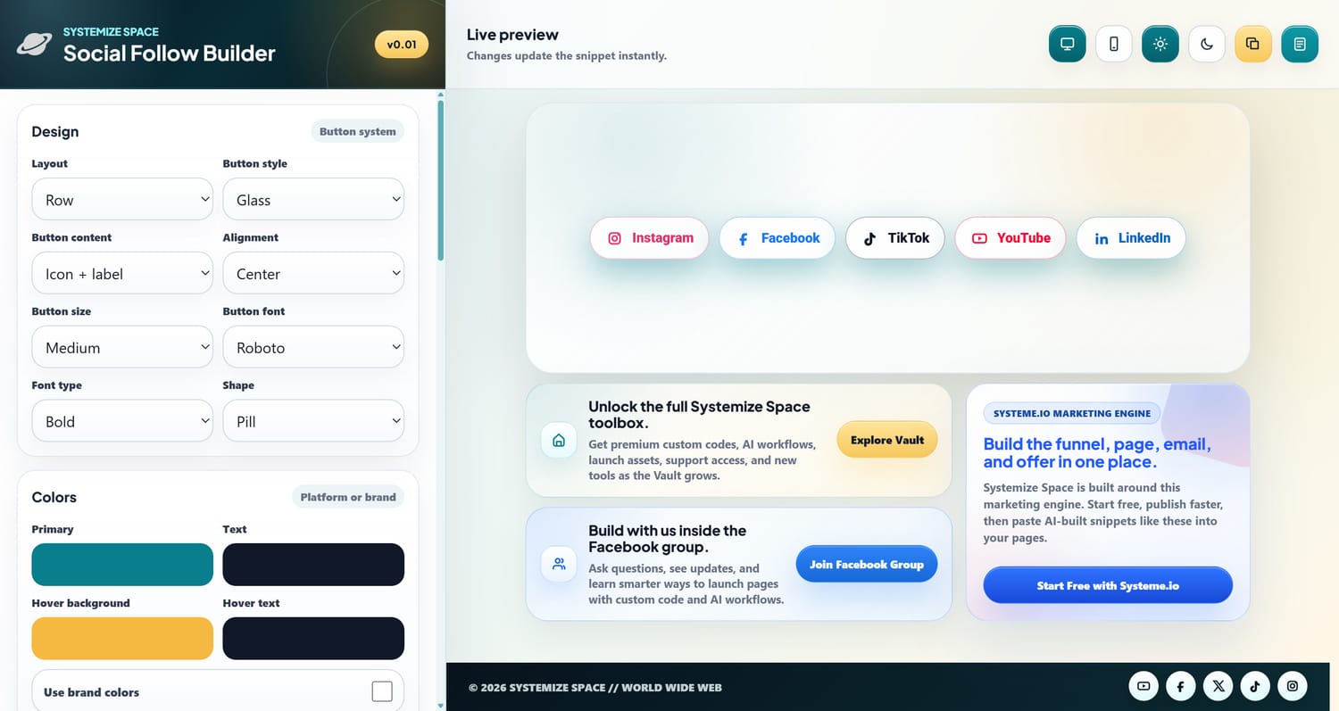 Social Follow Builder interface showing button customization options for Systeme.io pages