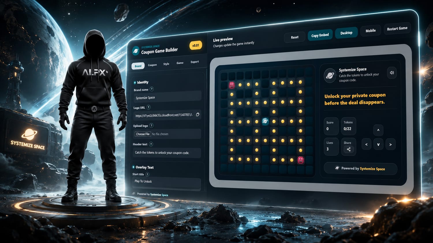 Coupon Game Builder interface showing brand, coupon, style, and game configuration settings for Systeme.io pages