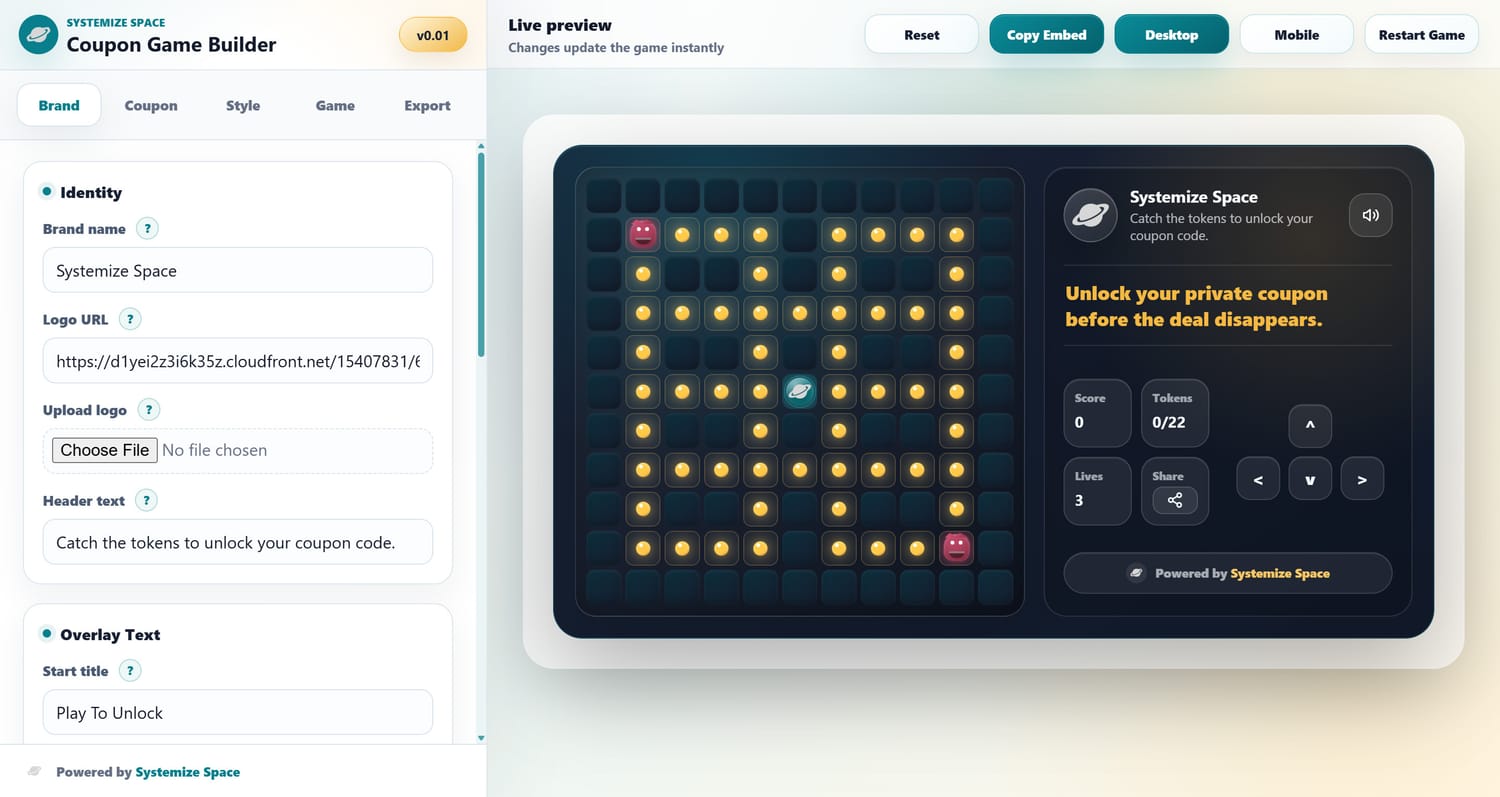 Coupon Game Builder tool for Systeme.io by Systemize Space