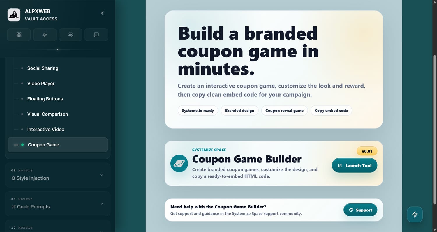 Coupon Game Builder located in the Systemize Space Vault Utility Library dashboard
