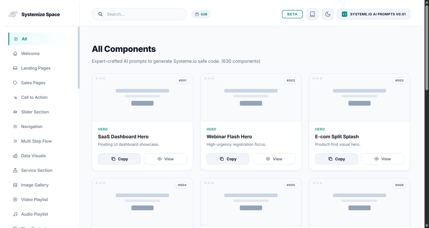 Systeme.io AI Prompts Library - 600+ expert code prompts for the Systeme.io AI Builder organized by section type including hero sections, pricing tables, navigation bars, and conversion elements