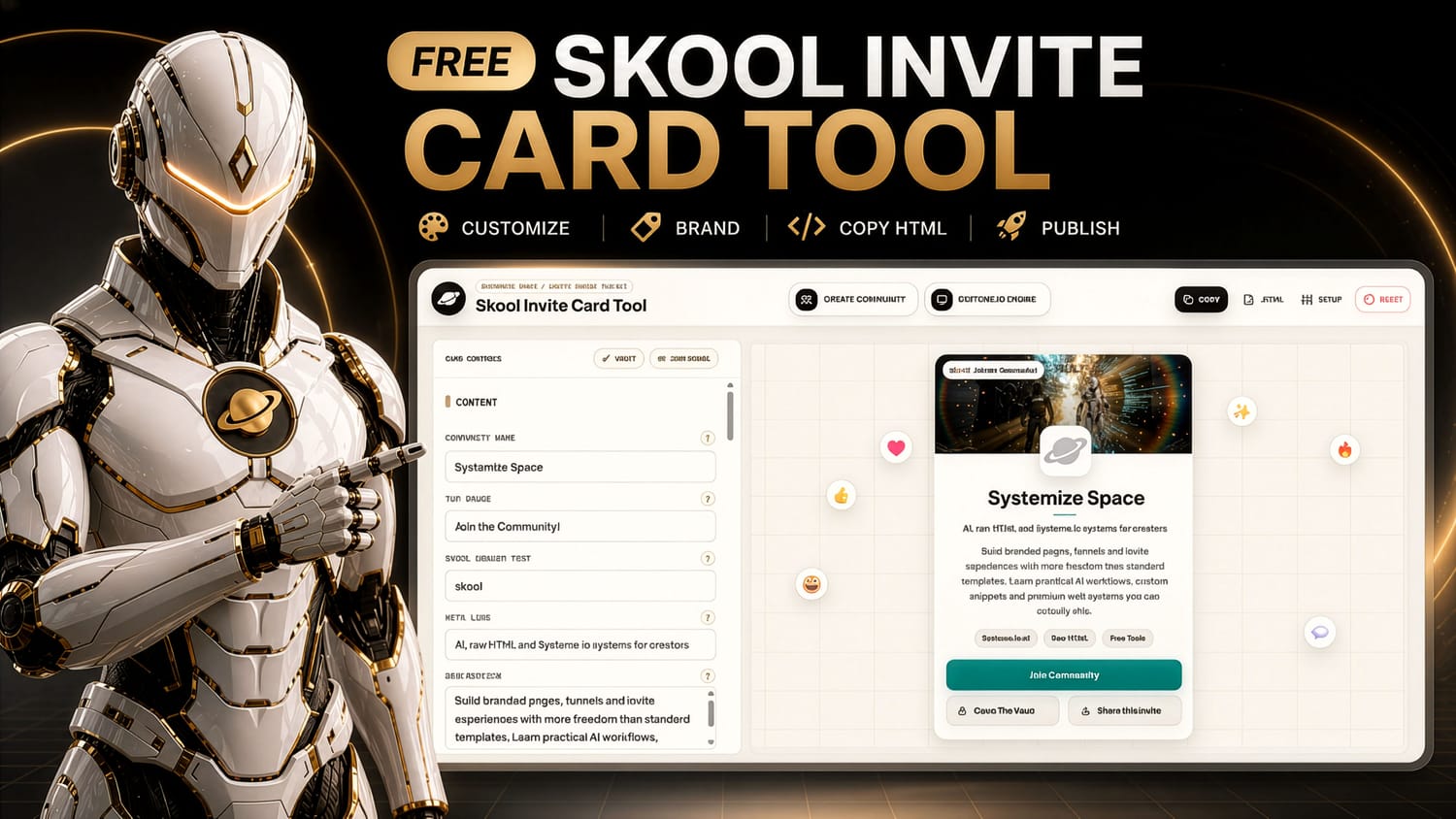 Robot pointing toward the Skool invite card tool workflow