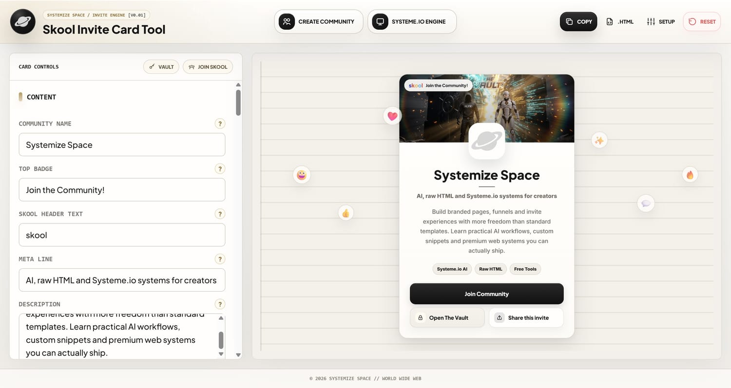 Screenshot of the Systemize Space Skool Invite Card Tool interface