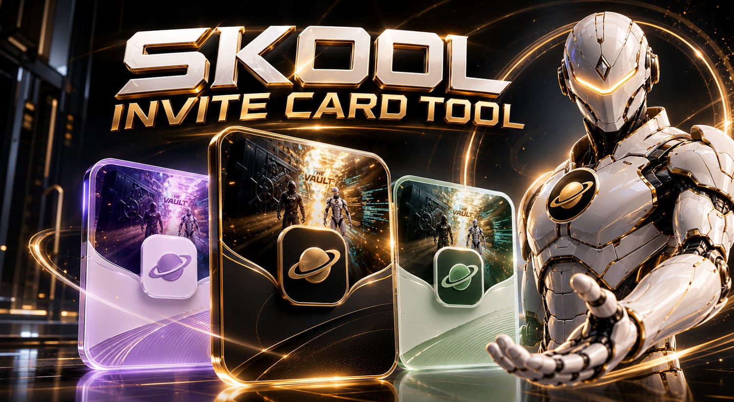 Artistic preview of Skool invite cards in multiple editable brand colors