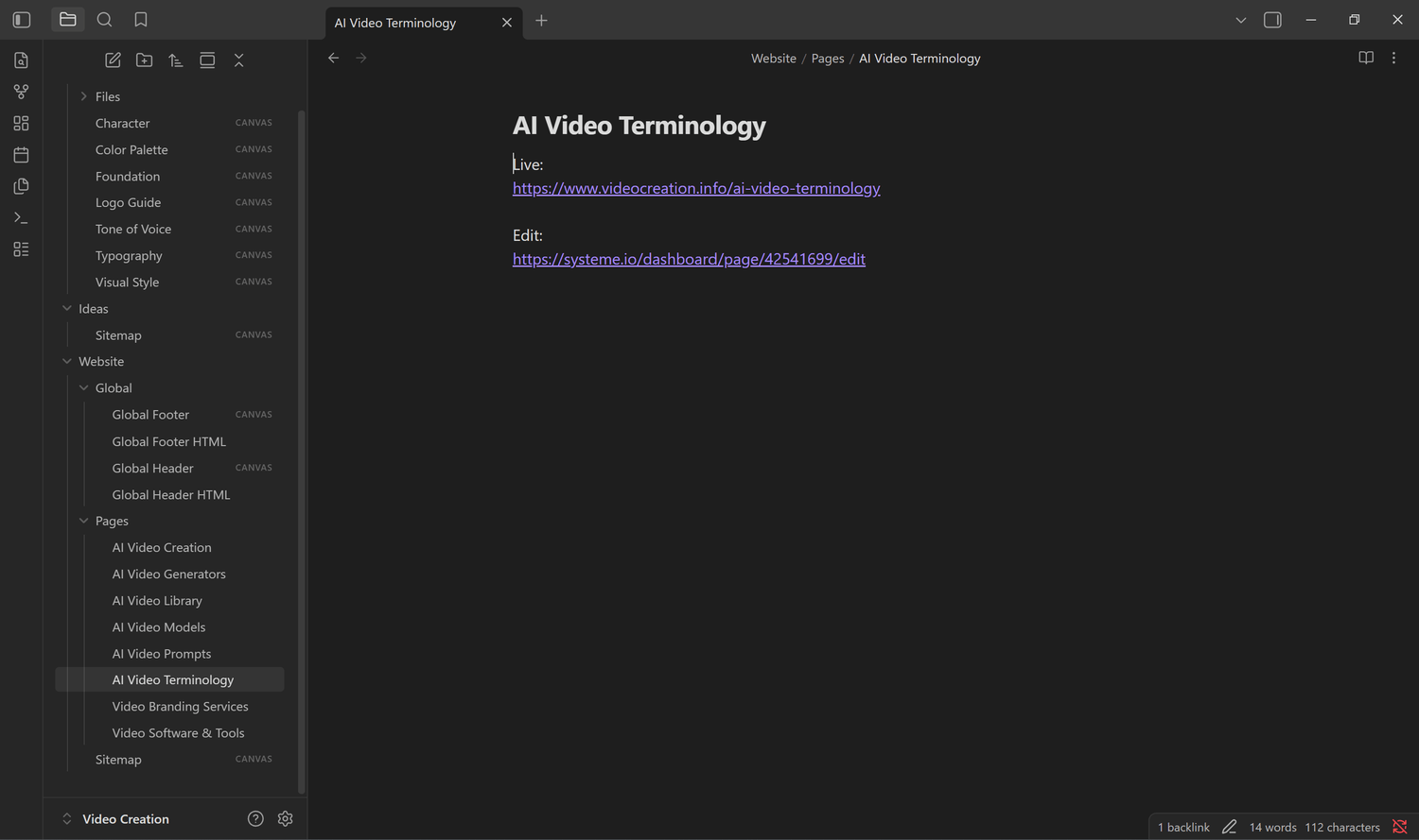 Website pages organized inside the private Obsidian Vault