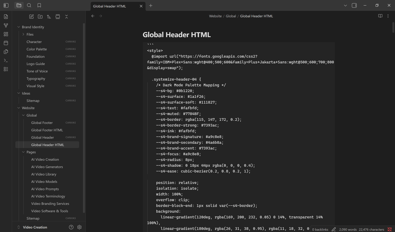 Global Header documentation and code inside Obsidian Vault