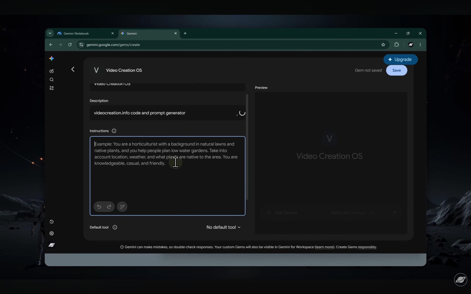 Setting up system instructions for the custom Gemini Gem