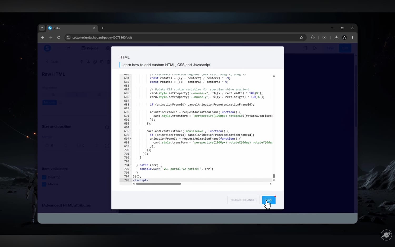 Pasting the raw HTML block into Systeme.io live page