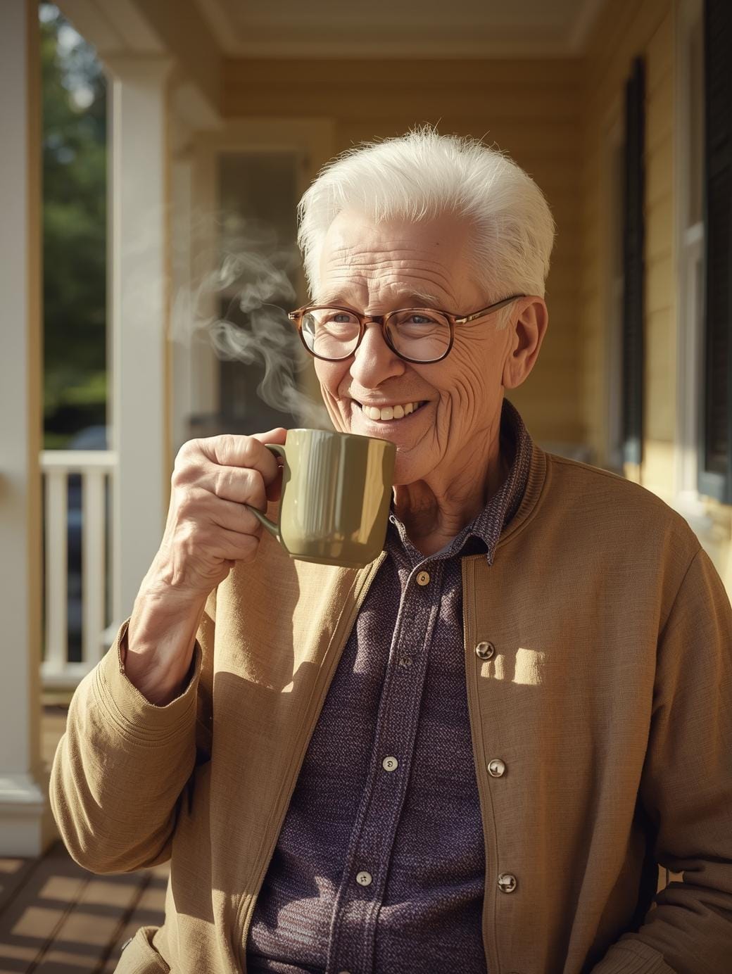 Senior waking up feeling rested in soft morning light, looking refreshed and energized.