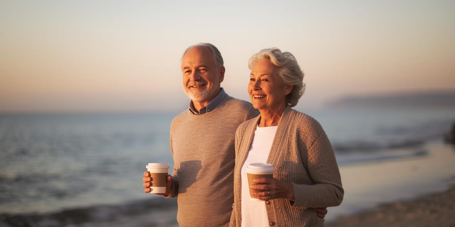 Mature couple enjoying a calm morning walk on the beach, looking rested and content.