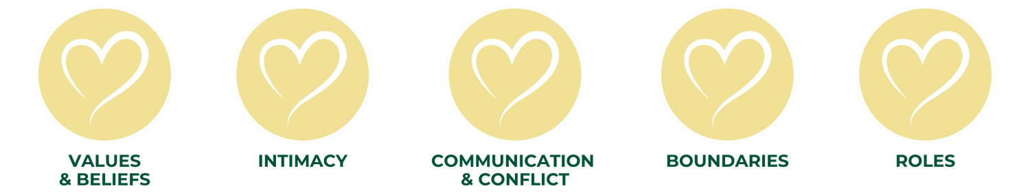 Values and Beliefs, Intimacy, Communication and Conflict, Boundaries, Roles