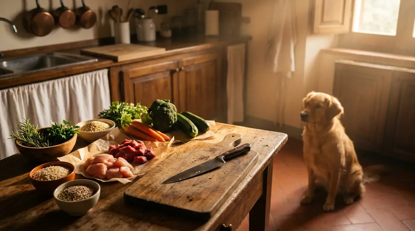 Cucina italiana con ingredienti freschi e cane in osservazione
