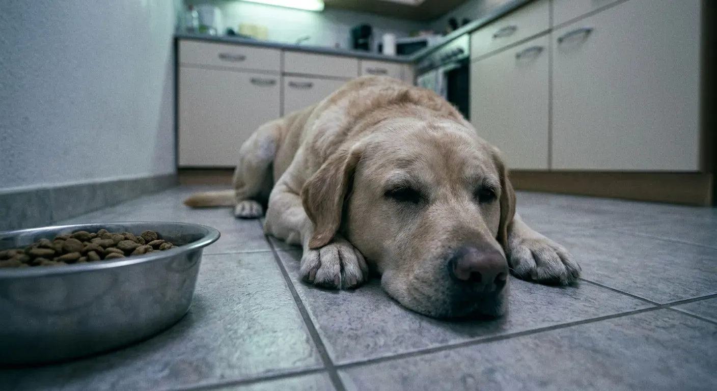 Cane stanco accanto a ciotola di crocchette