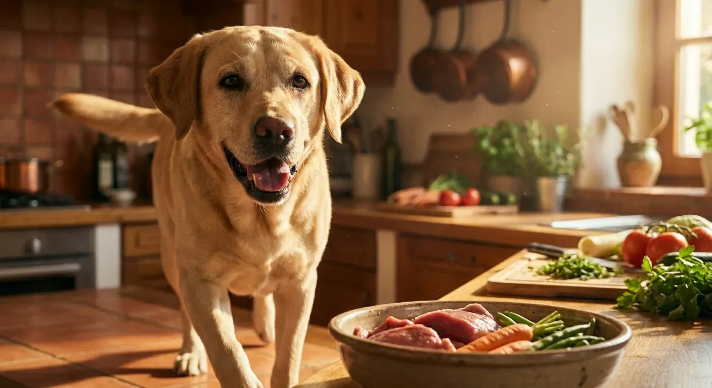Cane vitale e energico in cucina al sole