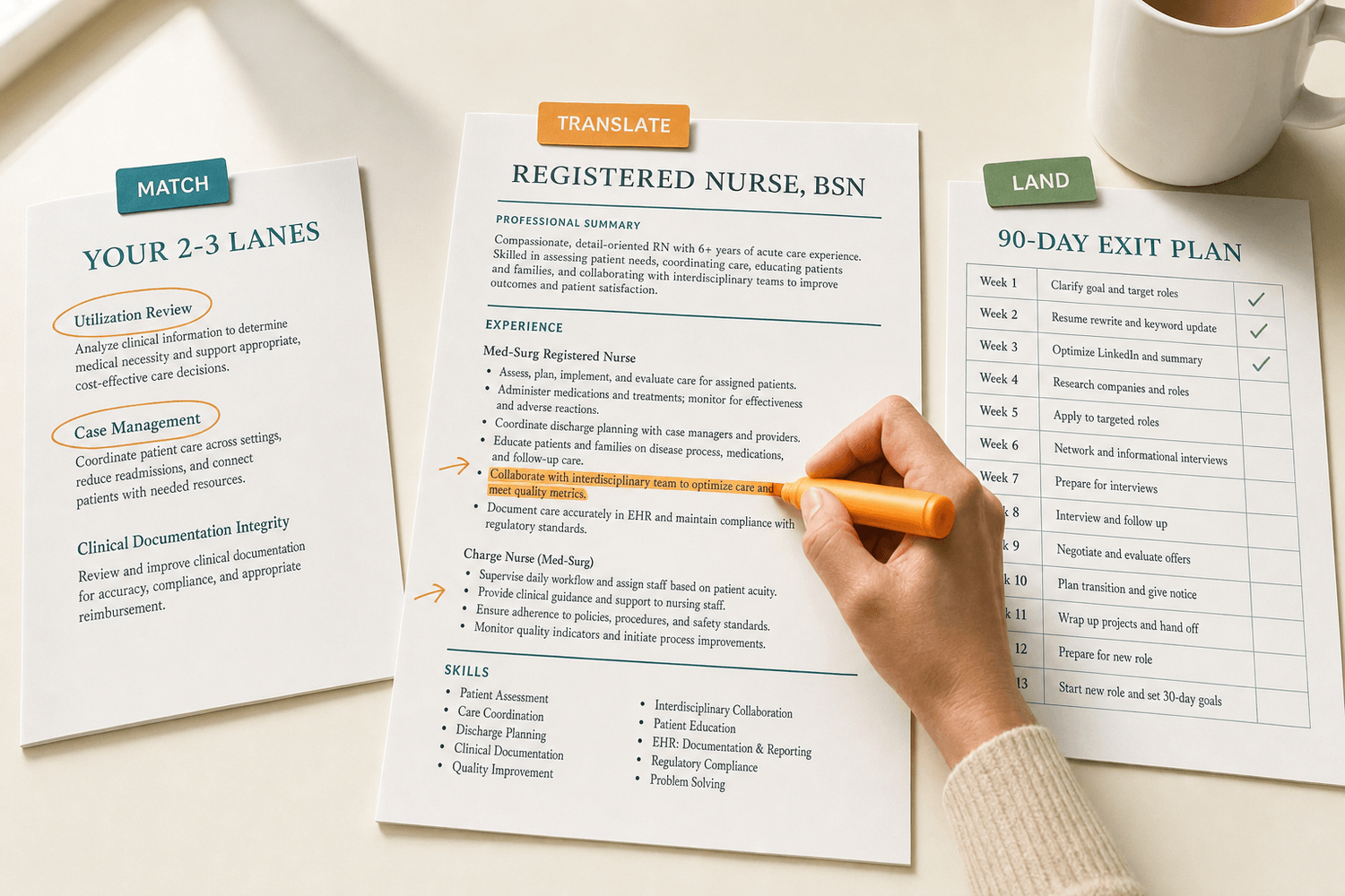 MATCH to TRANSLATE to LAND — three-step path diagram: open door, translated resume, job offer