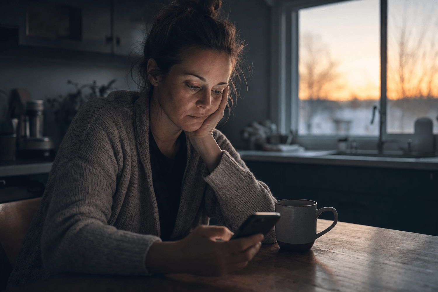 A nurse off-shift, out of scrubs, at a kitchen table in warm dawn light — tired but not broken
