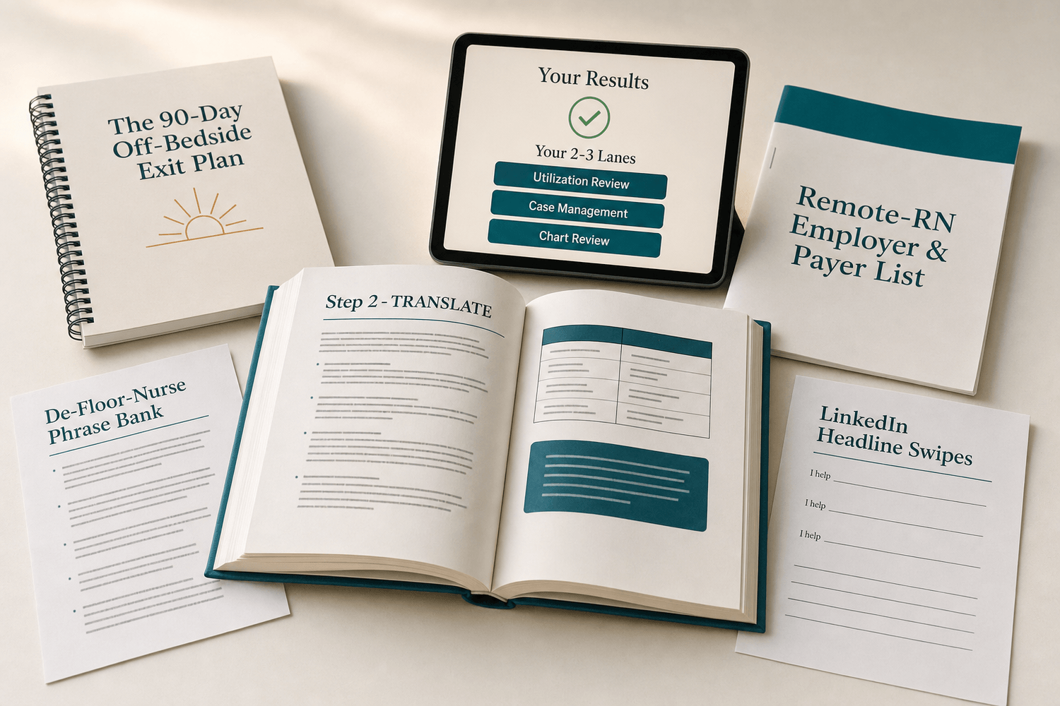 All components: the ebook, the role-match quiz, the employer list, the phrase bank, the 90-day plan and the swipe pack, laid out on a warm surface