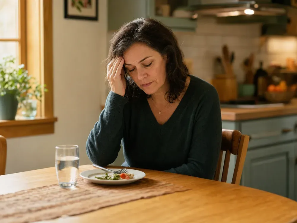 A woman at her kitchen table, plate barely touched